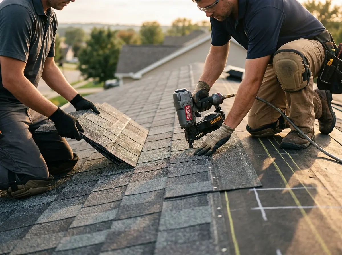 Professional roofer working on a residential roof in North Hobbs